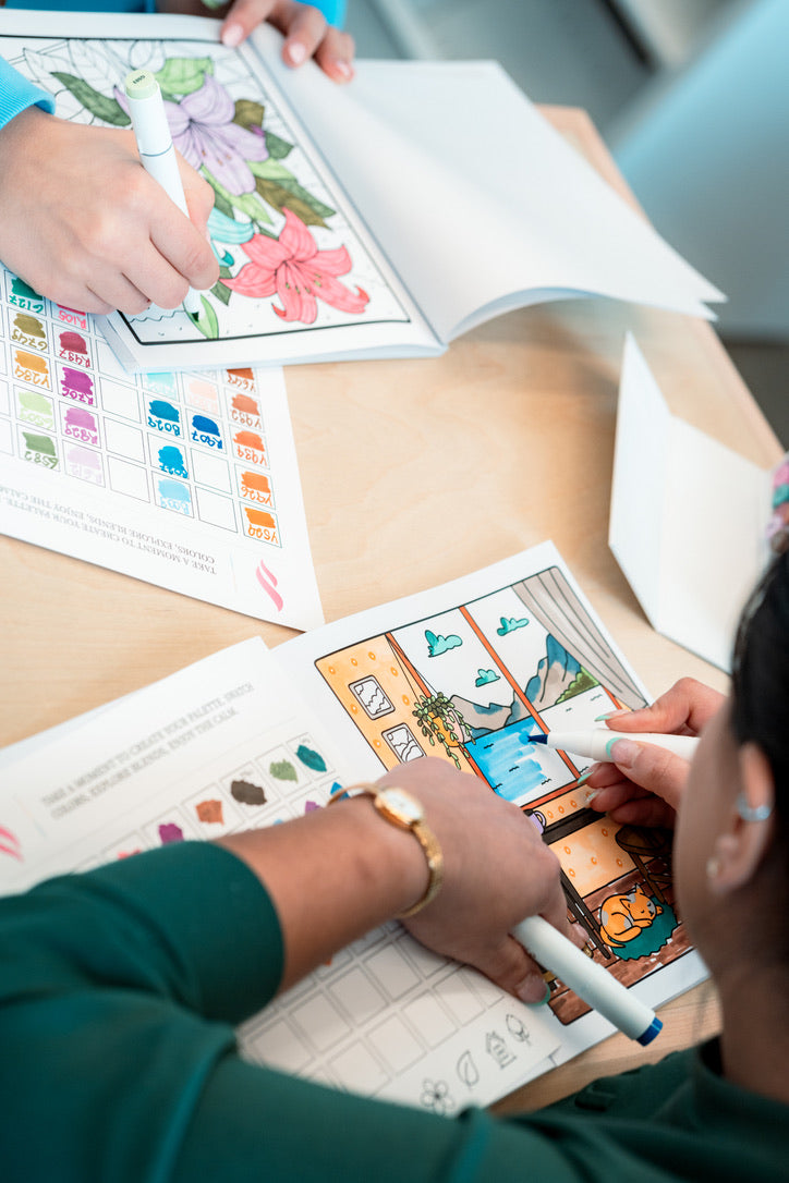 Coloring a cozy room page from Moments of Zen, with the swatch card on the table