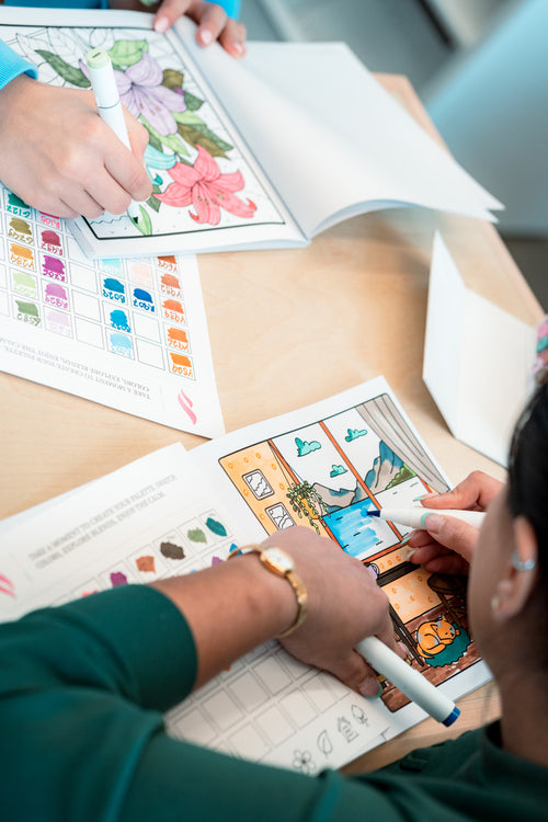 Coloring a cozy room page from Moments of Zen, with the swatch card on the table