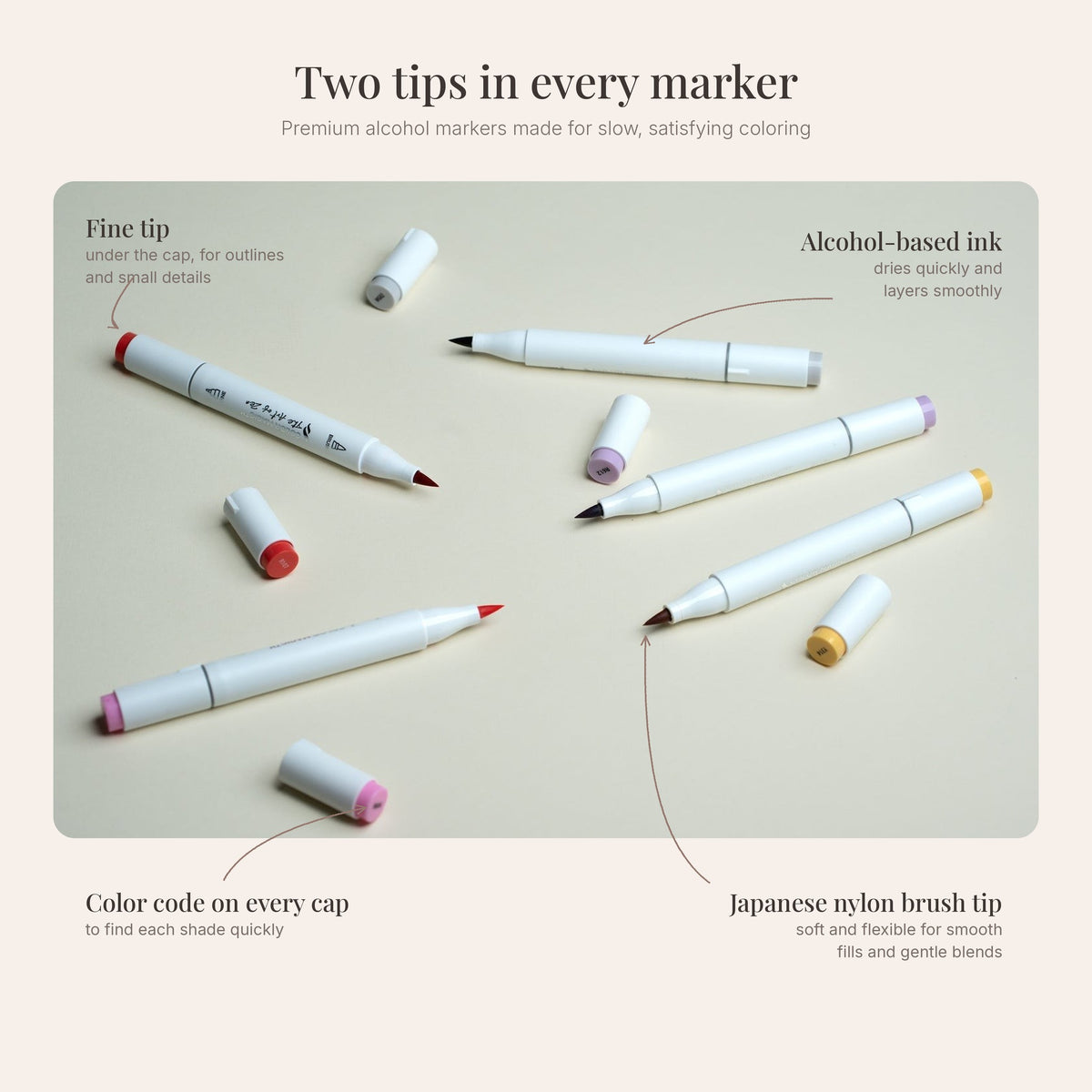 Melmar marker features: Japanese nylon brush tip, fine tip, alcohol-based ink and a color code on every cap