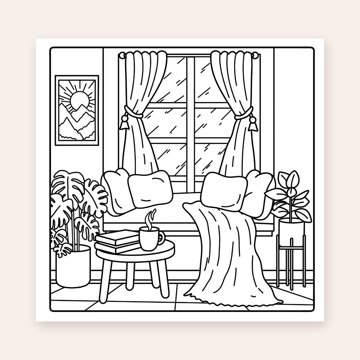 Moments of Zen Edition 1 coloring page: cozy window seat with blanket and tea