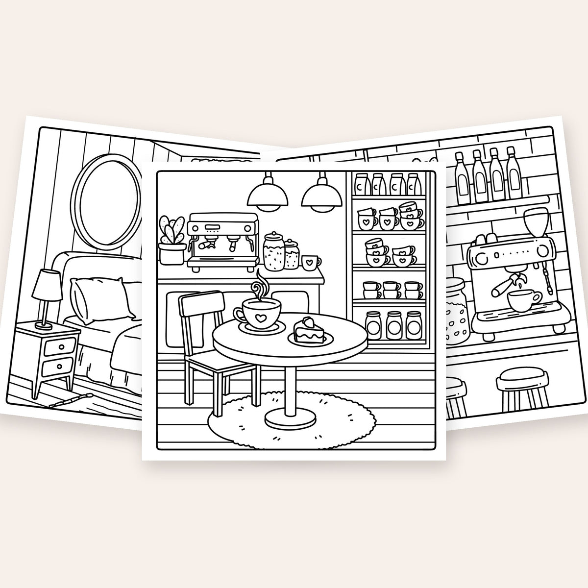 Inside Moments of Zen Edition 2 adult coloring book: café, bedroom and coffee bar pages