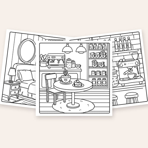 Inside Moments of Zen Edition 2 adult coloring book: café, bedroom and coffee bar pages