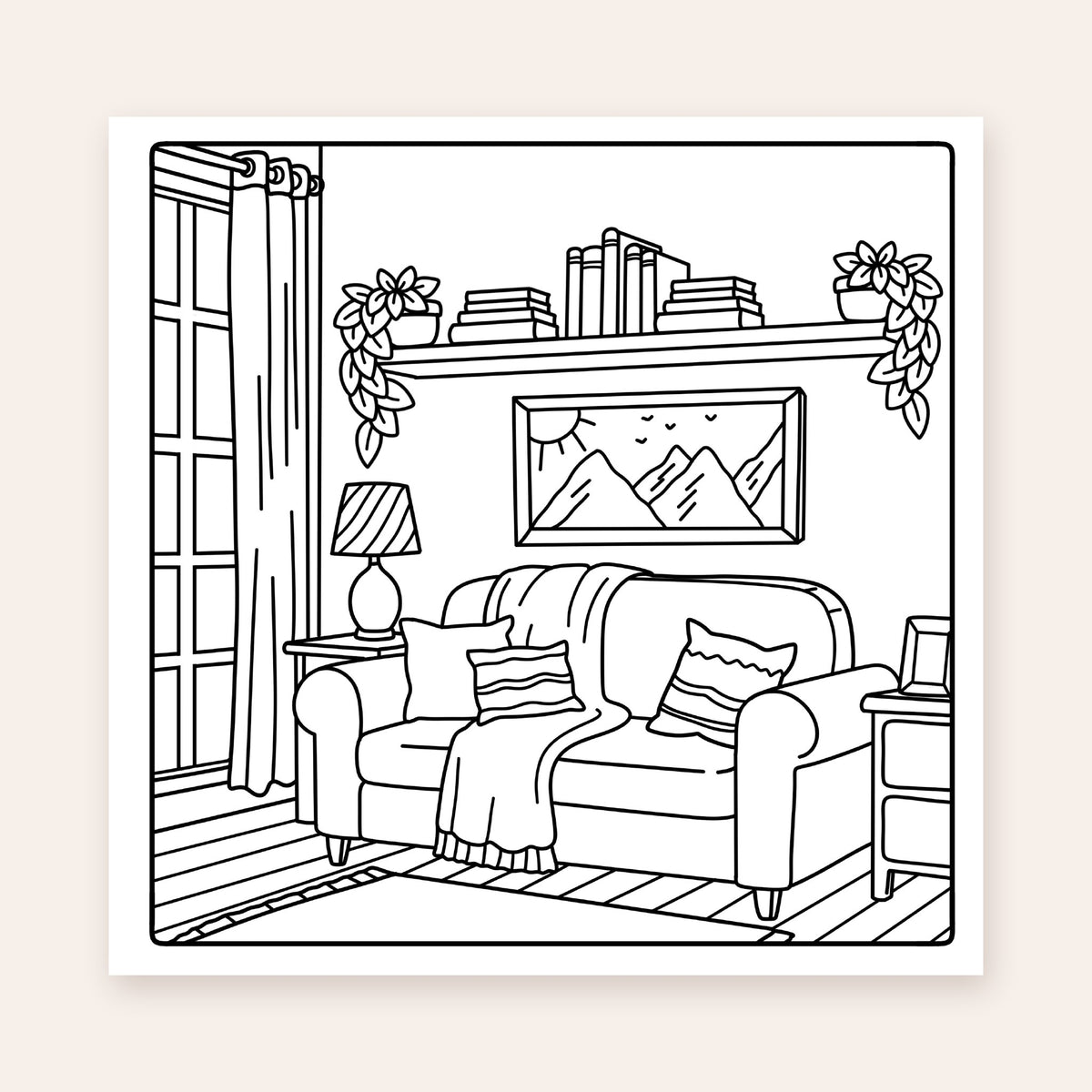 Moments of Zen Edition 2 coloring page: cozy living room with sofa and mountain painting