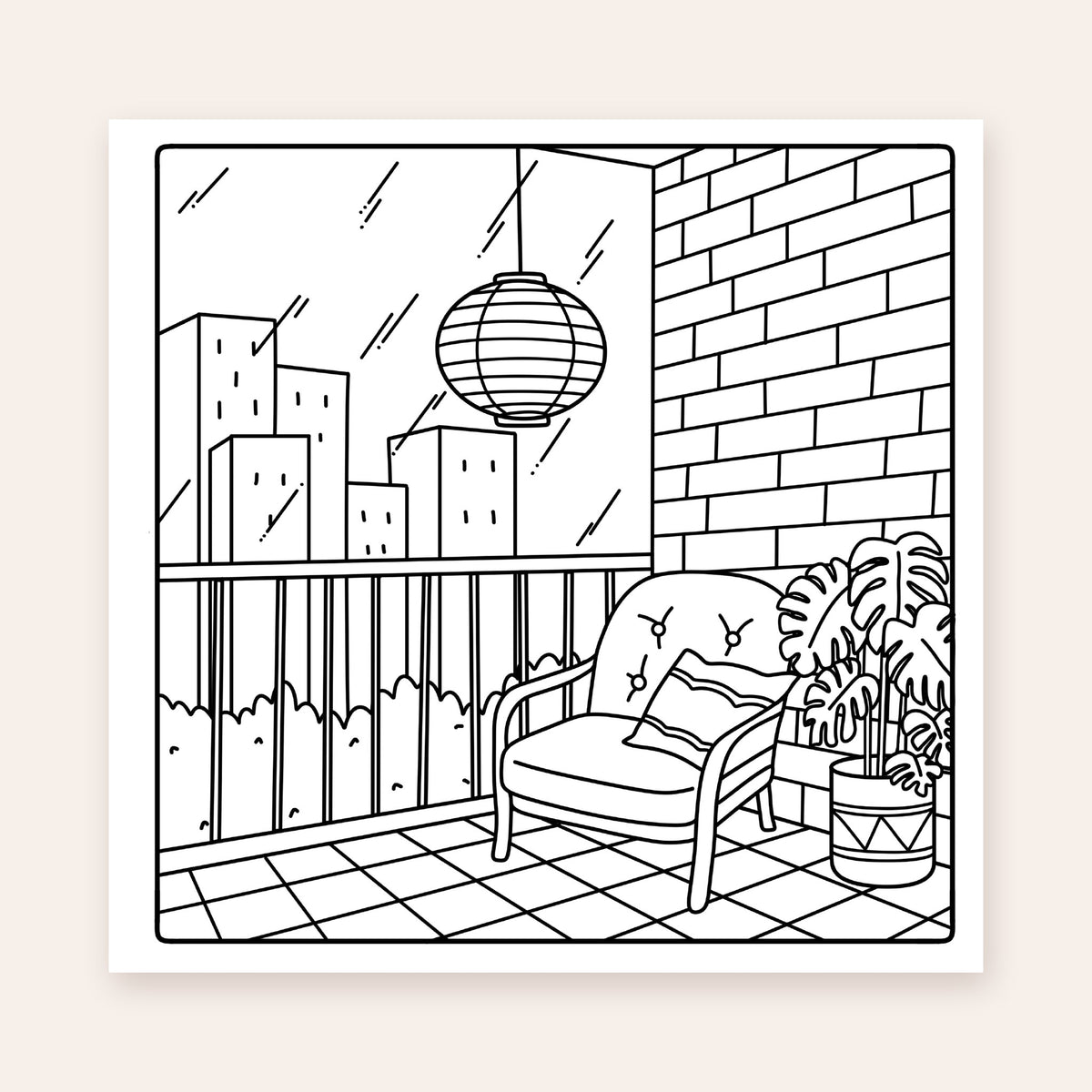 Moments of Zen Edition 2 coloring page: city balcony with armchair and lantern