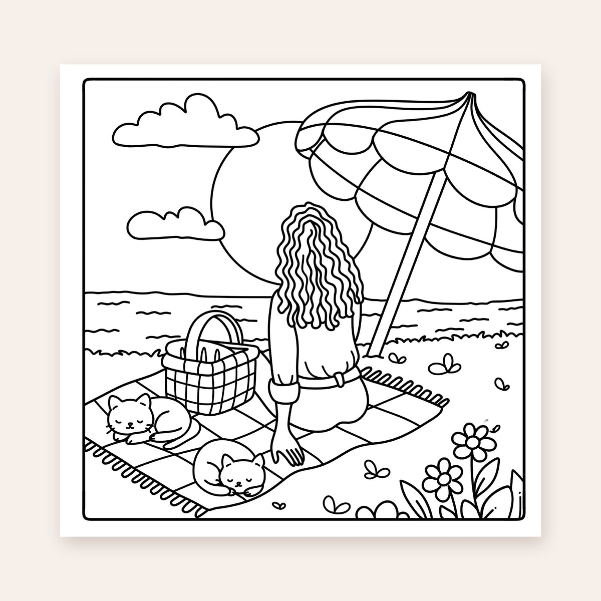 Moments of Zen Edition 2 coloring page: beach picnic under an umbrella at sunset