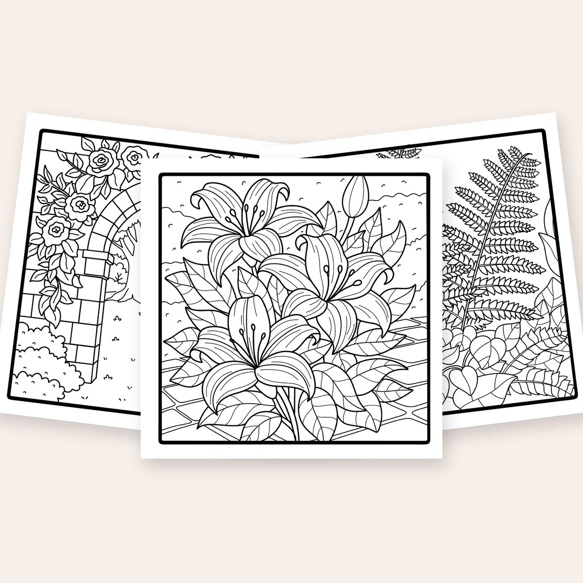 Inside Nature's Harmony Edition 1 adult coloring book: lilies, fern and rose archway pages