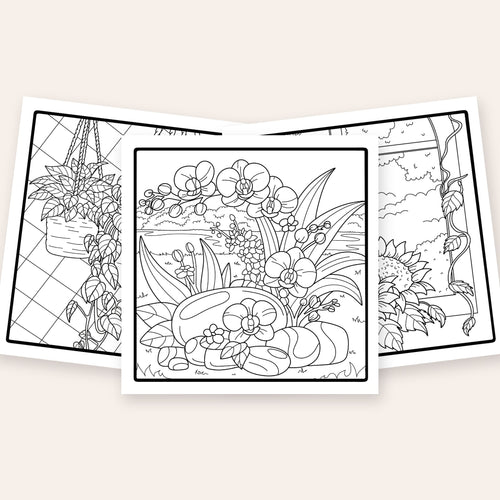 Inside Nature's Harmony Edition 2 adult coloring book: orchids, hanging plants and sunflower window pages