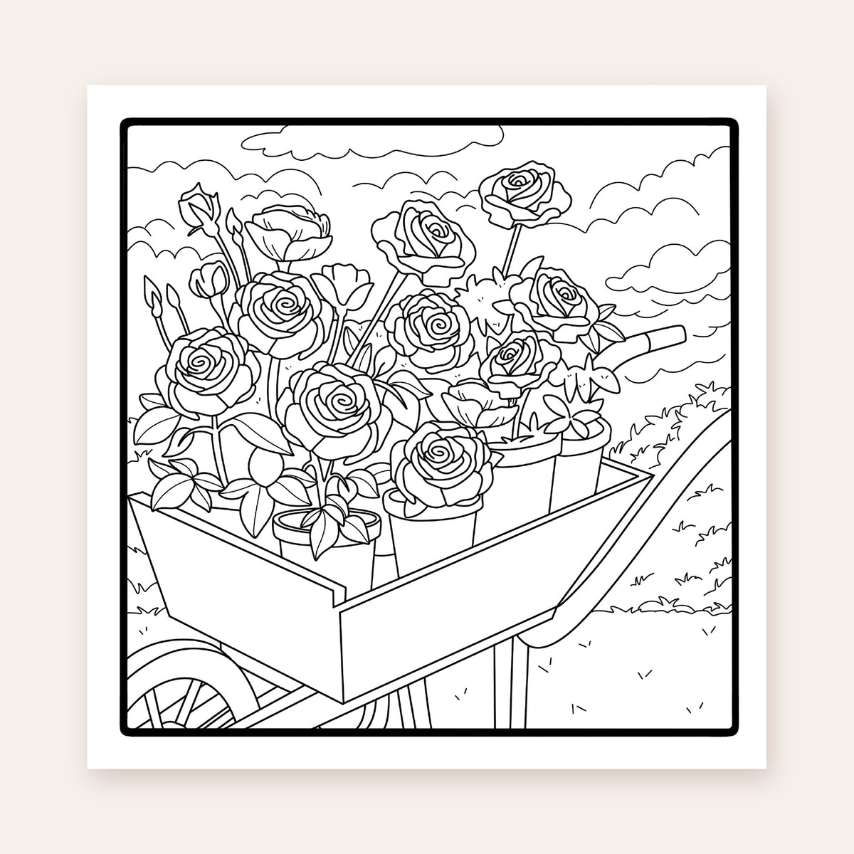 Nature's Harmony Edition 2 coloring page: wheelbarrow of roses