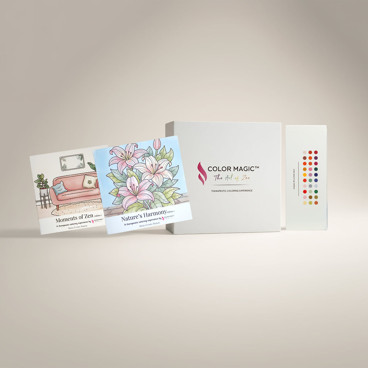 Melmar Zen Harmony Set: 30-color alcohol marker box with Nature's Harmony and Moments of Zen Edition 1 coloring books