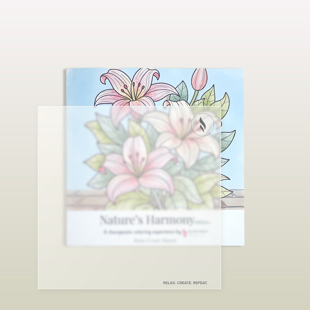 Frosted protective sheet laid over the Nature's Harmony Edition 1 coloring book