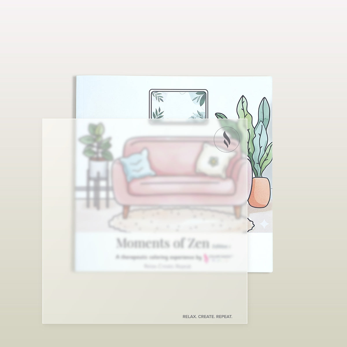 Frosted protective sheet laid over the Moments of Zen Edition 1 coloring book