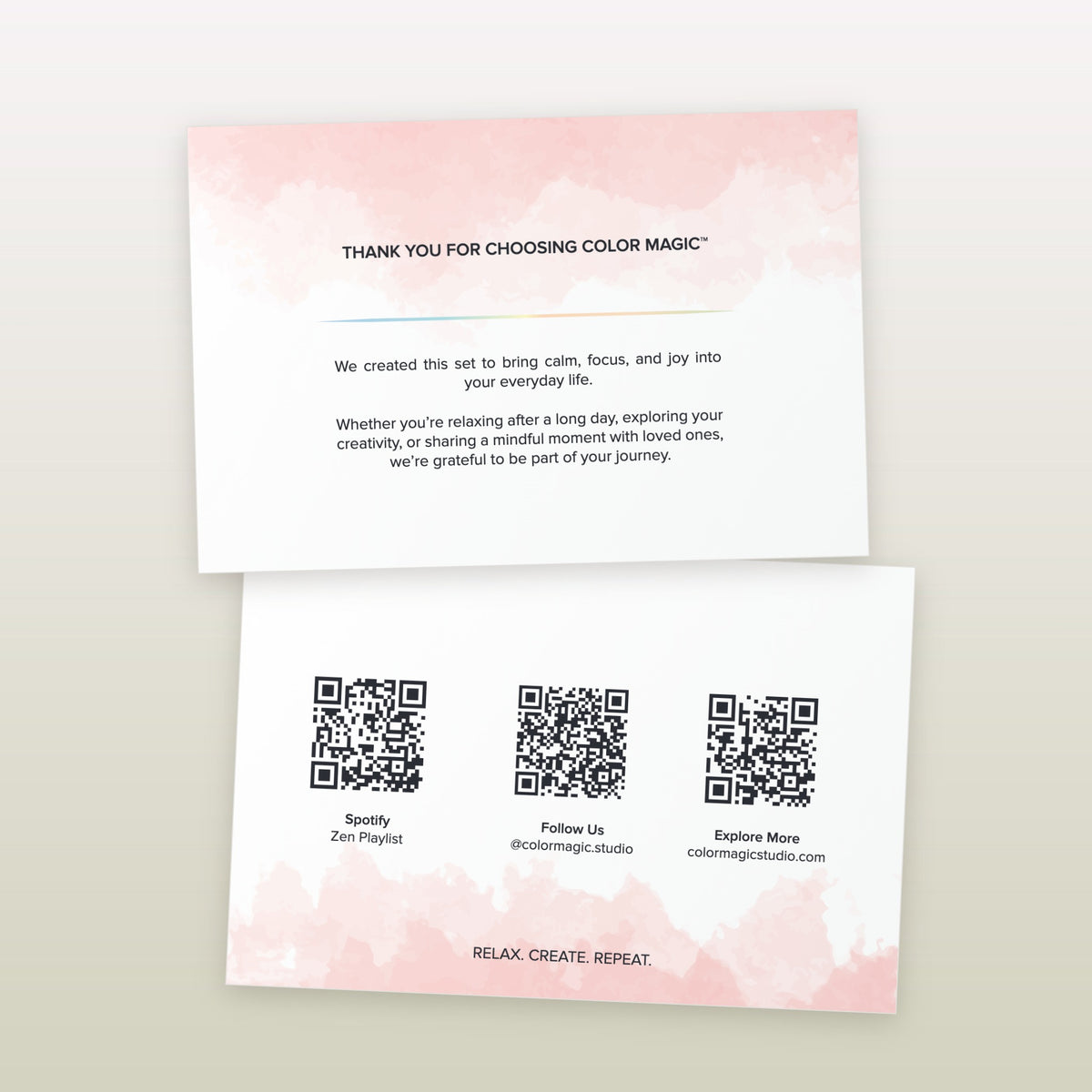 Both sides of the Melmar thank-you card, with QR codes for the Zen playlist, Instagram and website