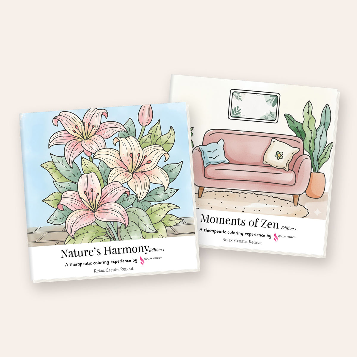 Nature's Harmony and Moments of Zen Edition 1 coloring book covers